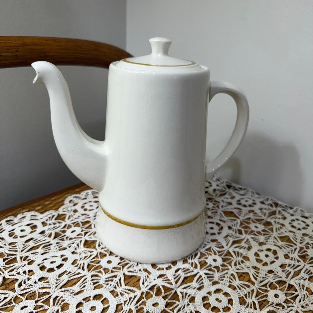 Vintage White Ceramic Coffee Pot Mustard Yellow Gold Band Mid Century Modern